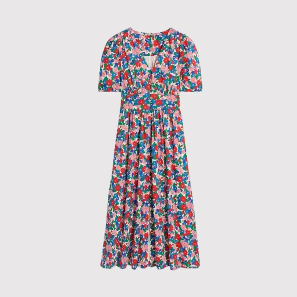 NEW Boden Midi Dress Pink Lillian Cotton Floral V Neck Puff Sleeve Boho US 10
